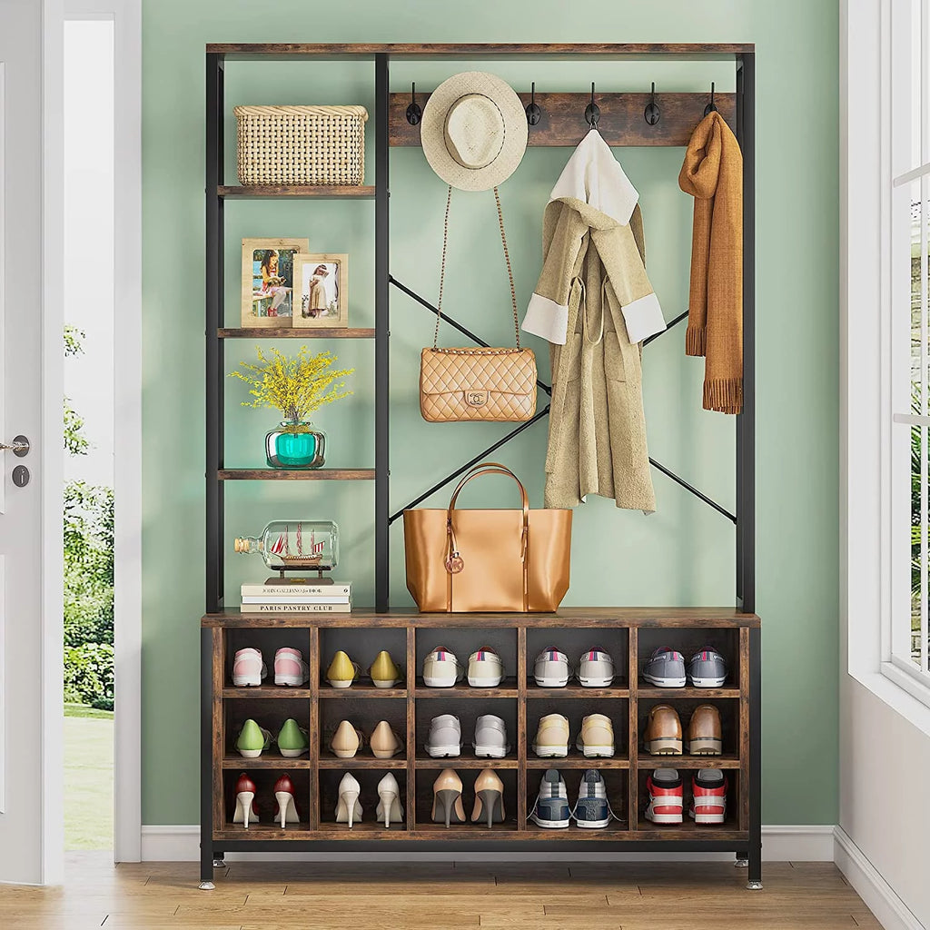 Entryway Hall Tree with Bench, Shoe Storage, and Coat Rack X548