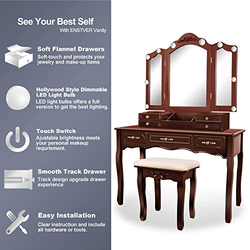 Vanity Beauty Station with Tri-Folding Mirrors, 7 Drawers and Cushioned Stool U884