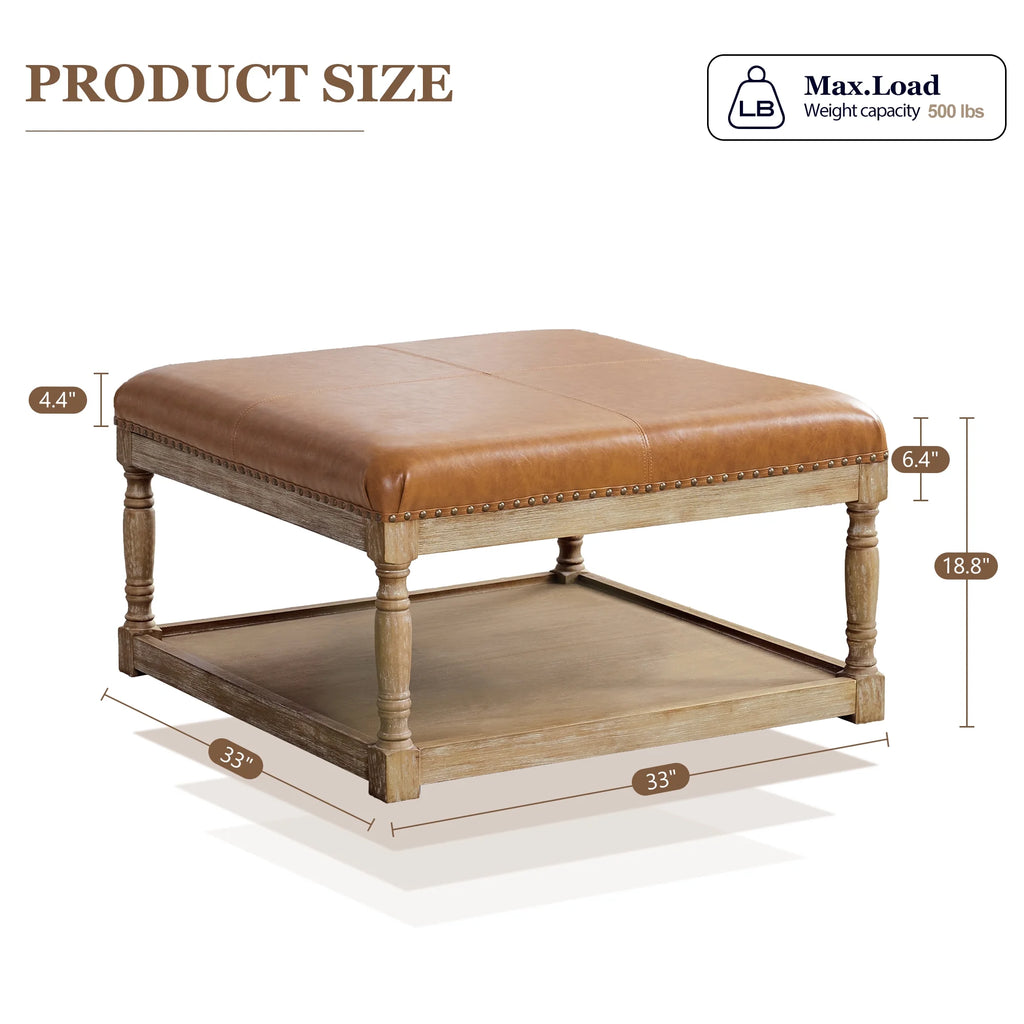 Square Ottoman Coffee Table with Storage Shelf, Tufted Faux Leather Footrest T985
