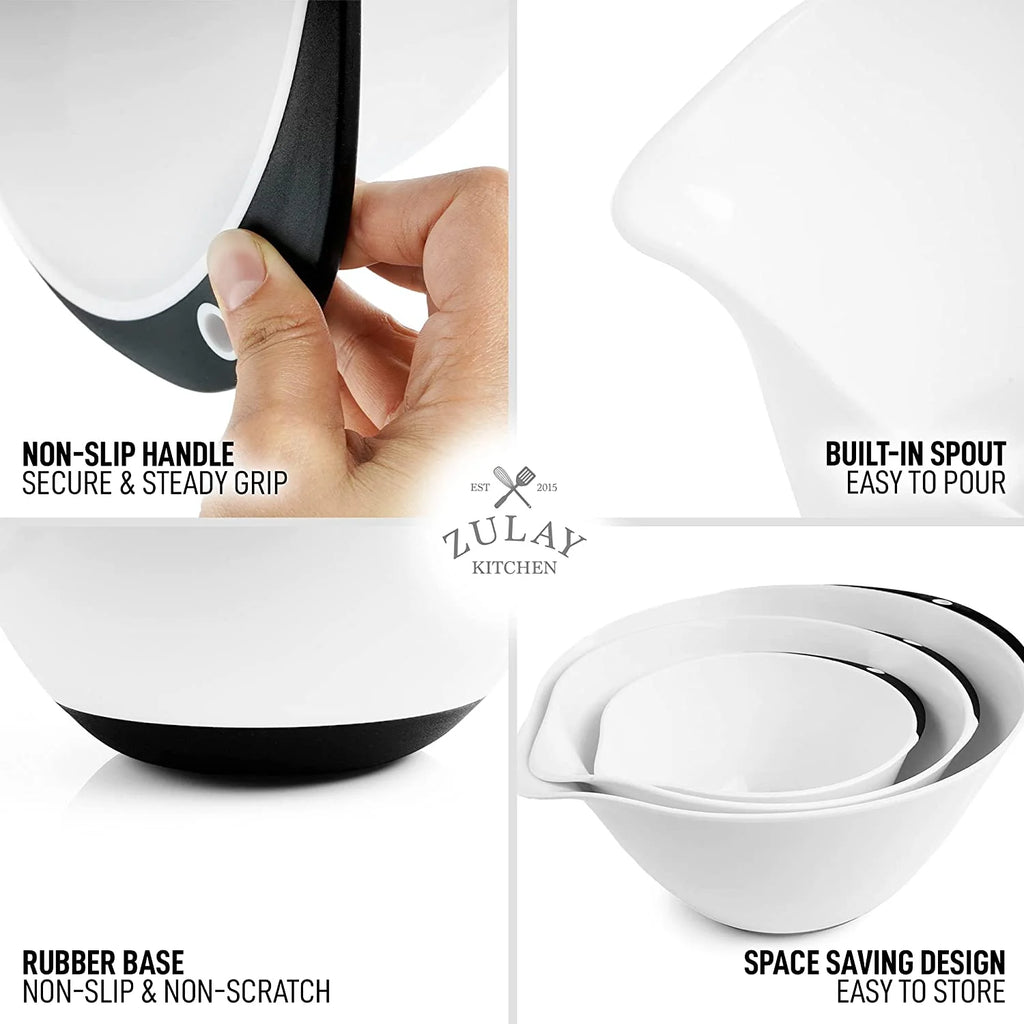 3-Piece Plastic Mixing Bowl Set with Handles, Non-Slip Bottom & Pour Spout F631590