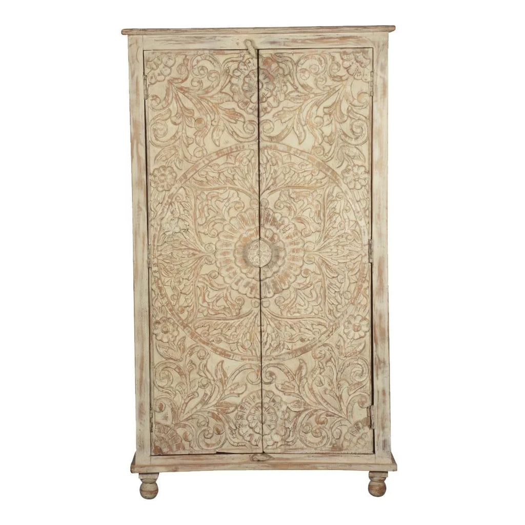 Hand Carved Solid Wood Distressed White Armoire with Shelves V522