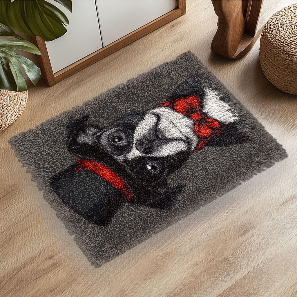 Latch Hook Rug Kit Boston Terrier Dog with Glasses and Hat Pre-printed DIY Carpet Craft 52x38cm F270970