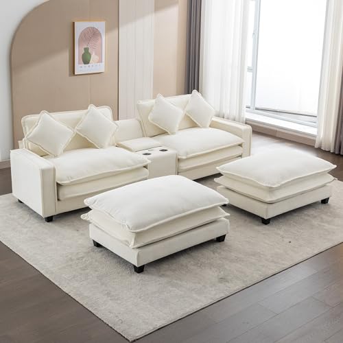 Sectional Couches for Living Room, Sectional Sofa Comfy Sofa Couch with 2 Removable Ottoman & 2 USB Ports, Built-in 2 Cup Holders and Storage Box, 2-Seat Small Couches for Bedroom, Apartments, Beige