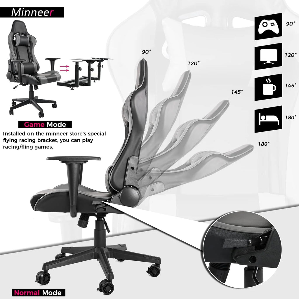 Flight & Racing Simulator Gaming Chair with Adjustable Headrest and Lumbar Pillow, Gray V16718