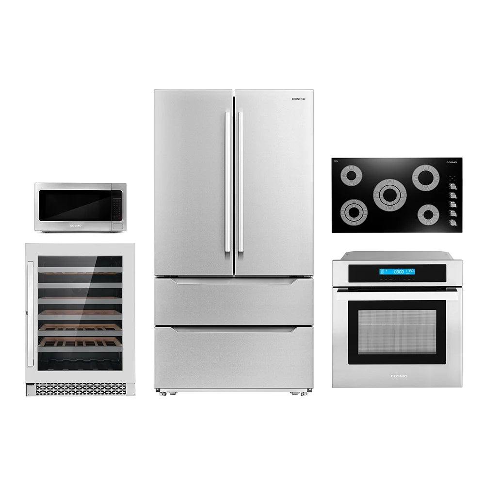 Cosmo 5 Piece Kitchen Appliance Package With 36" Electric Cooktop 30" Single Electric Wall Oven 24.4" Countertop Microwave French Door Refrigerator & 24" Built-in Fully Integrated Dishwasher