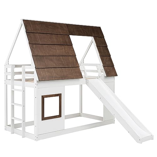 Twin-Over-Twin House Bunk Bed with Storage and Staircase, Gray+White V121339