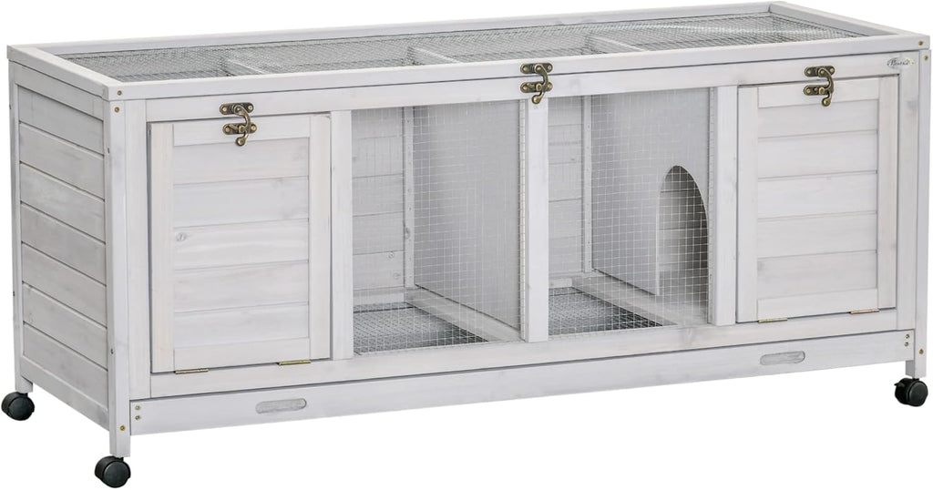 Wooden Rabbit Hutch, Bunny Cage with Wheels, Dividers, Openable Roof, Removable Trays, Small Animal Cages for 1-2 Rabbits, Indoor Outdoor Use, Light Gray