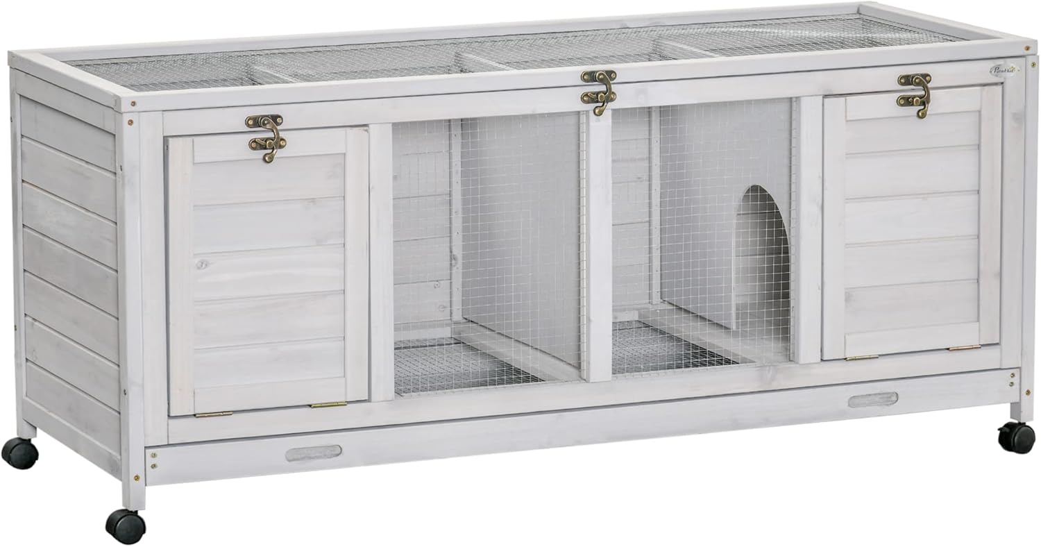 Wooden Rabbit Hutch, Bunny Cage with Wheels, Dividers, Openable Roof, Removable Trays, Small Animal Cages for 1-2 Rabbits, Indoor Outdoor Use, Light Gray