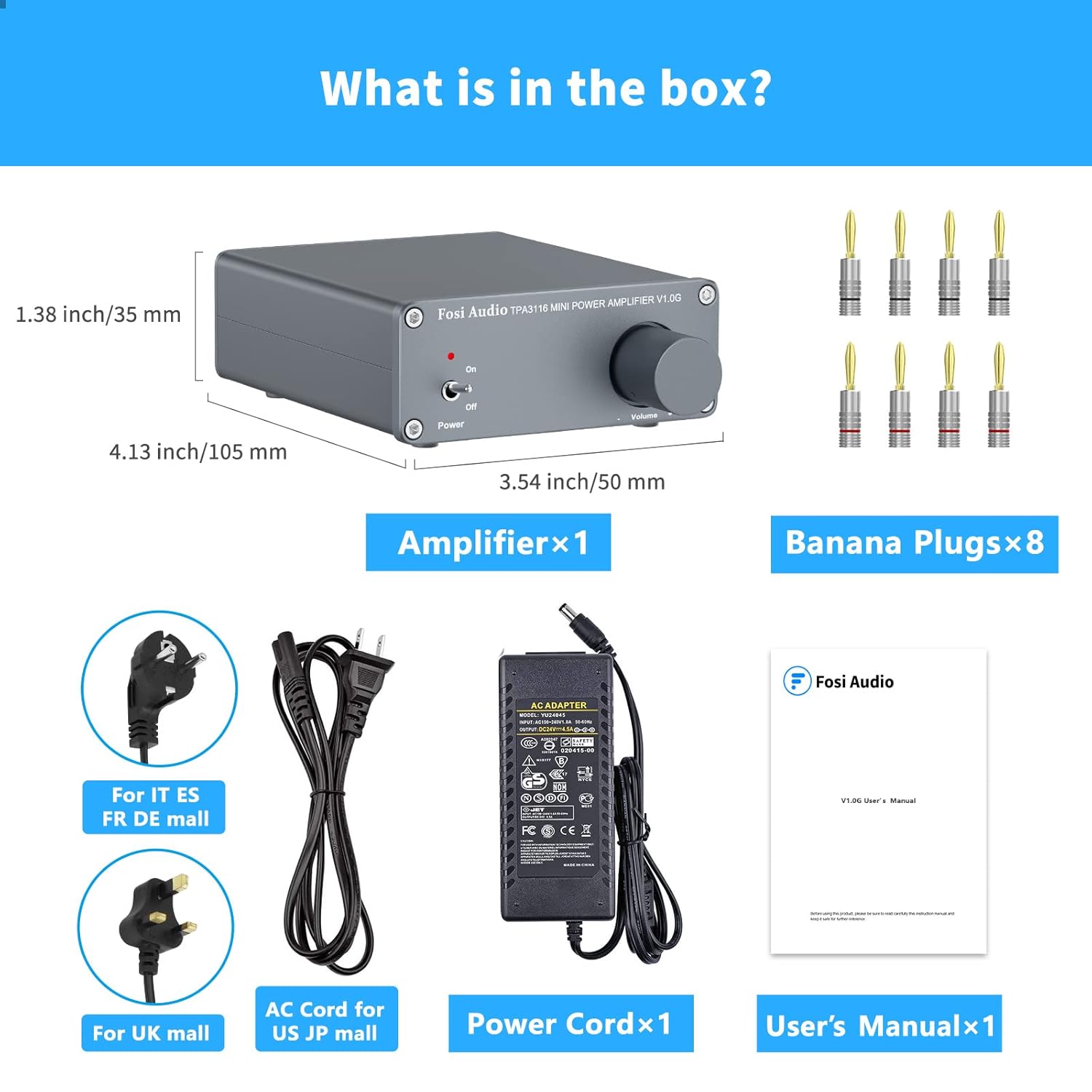2 Channel 100W Mini Stereo Amplifier with Power Adapter, Pack of 2 E18074