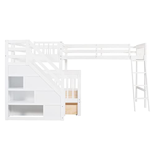 Triple Bunk Bed with Drawers and Stairway, L-Shaped Loft Bed Combo G408