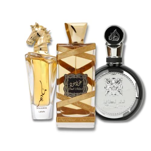 Lattafa for Unisex 3 Piece Eau de Parfum Gift Set (Bade'e Al Oud Oud for Glory + Maahir + Maahir Black Edition for Men) 3.4 Ounce/100 ml each