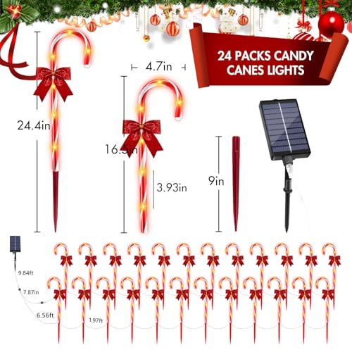 24 Pack Outdoor Christmas Candy Cane Lights 144LED Solar Pathway with Bowknot V1552