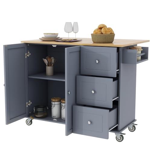 Kitchen Island on Wheels with Storage, Drop Leaf, 52.7 Inch, Grey Blue D265957