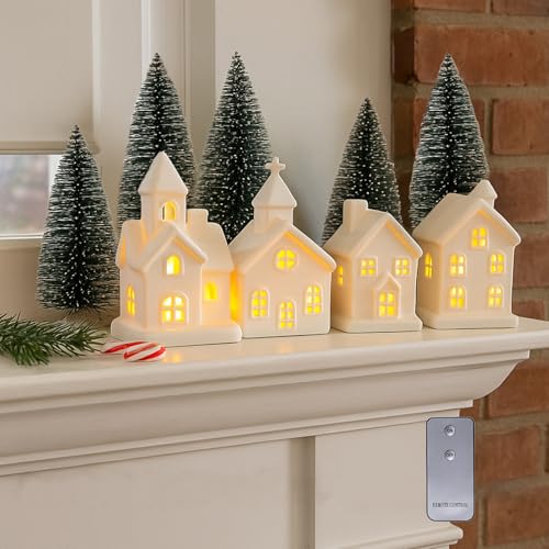 9 Pcs Christmas Village Figurines Set with Lighted Ceramic Houses and Trees O3990