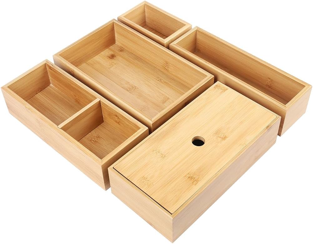 LotFancy Bamboo Drawer Organizer Set, 5 Pcs Multi-Use Storage Box Set, Junk Drawer Organizers for Kitchen, Bathroom, Office Desk, Bedroom, Makeup, Jewelry, Utensils