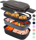 Caperci Stackable Bento Box Adult Lunch Box - 3 Layers All-in-One Lunch Containers with Multiple Compartments for Adults & Kids, 55 oz Large Capacity, Built-in Utensil Set & BPA Free (Navy Blue)
