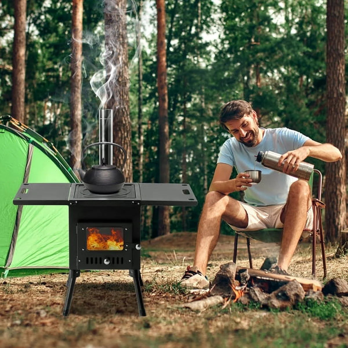 Outdoor Wood Burning Stove with Chimney Pipes for Camping, Cooking, Ice Fishing G379328