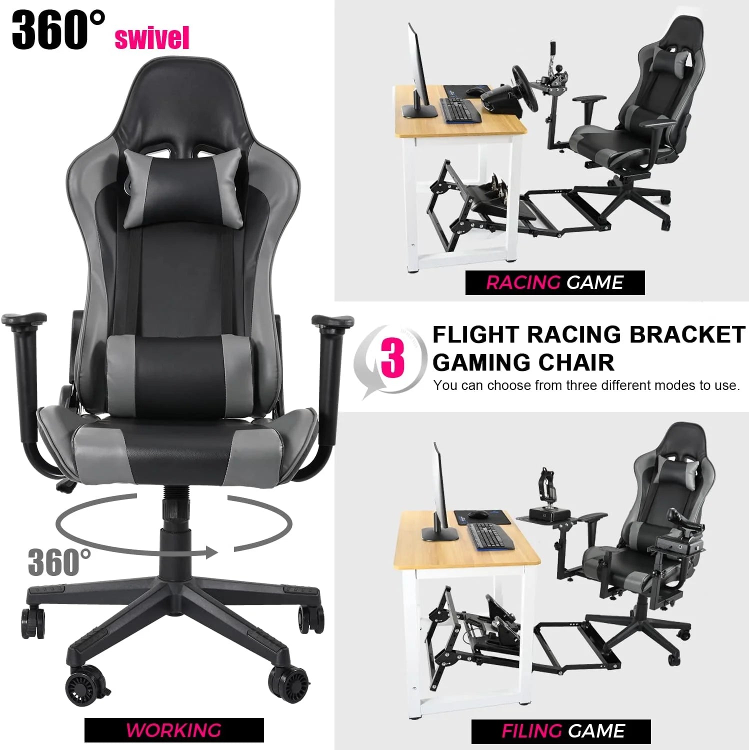 Flight & Racing Simulator Gaming Chair with Adjustable Headrest and Lumbar Pillow, Gray V16718