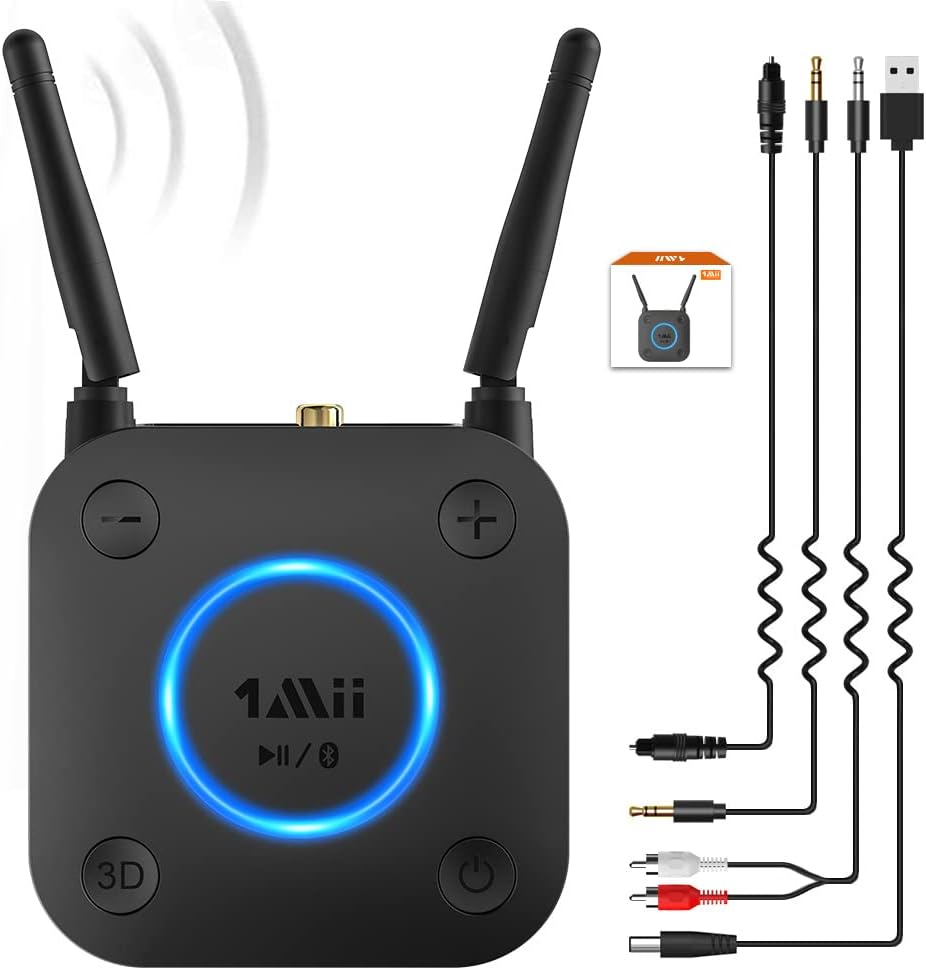 [Upgraded] 1Mii B06Pro Long Range Bluetooth Receiver, HiFi Wireless Audio Adapter, Bluetooth 5.0 Receiver with 3D Surround aptX Low Latency Optical RCA AUX 3.5mm Coaxial for Home Stereo System Pack of 2