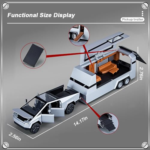 Diecast Pickup Trailer RV Model Toy Truck with Beach Motorcycle, Sound Light Pull Back I5768