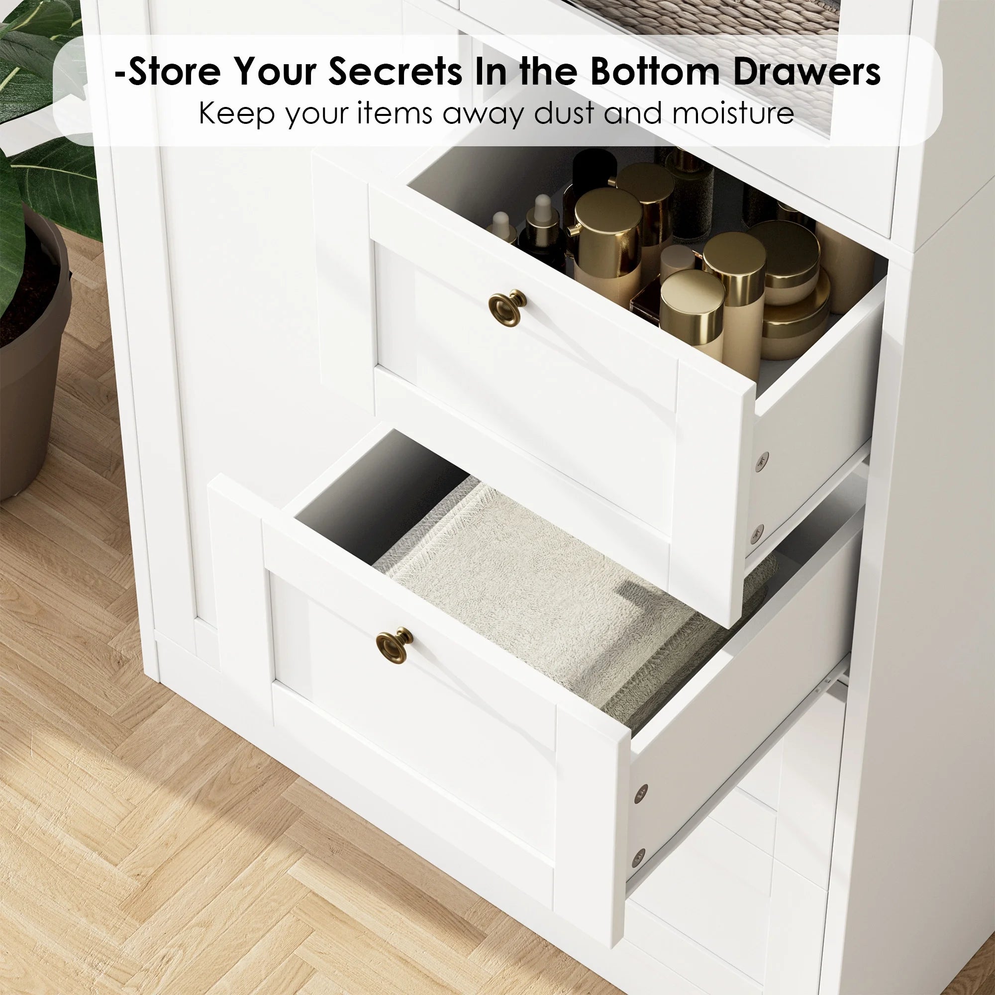 Bathroom Cabinet with Glass Doors and 4 Drawers, White P117526