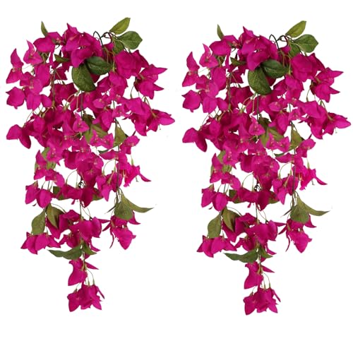 Artificial Hanging Flowers Bougainvillea, 2PCS UV Resistant Bougainvillea Silk Vine Flowers Fake Triangle Plum Blooming Faux Flower for Garden Porch Eave Wedding Wall Indoor Outdoor Decor (Rose Red)