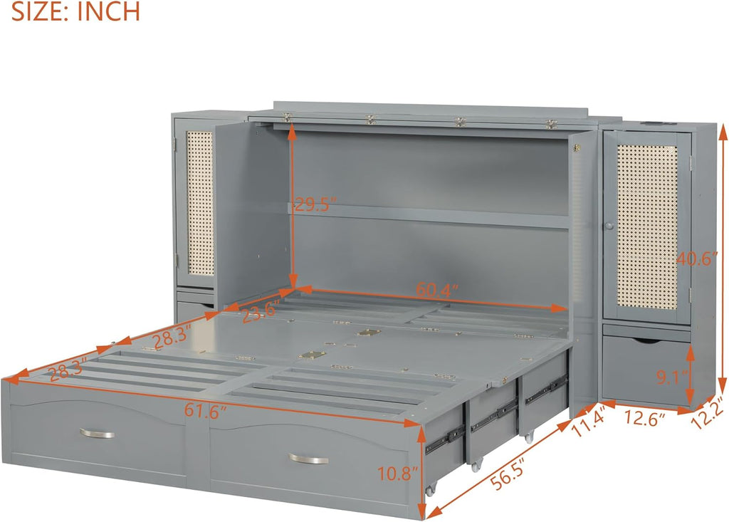 Queen Size Murphy Bed with Storage Drawer and USB Ports, Gray E170925
