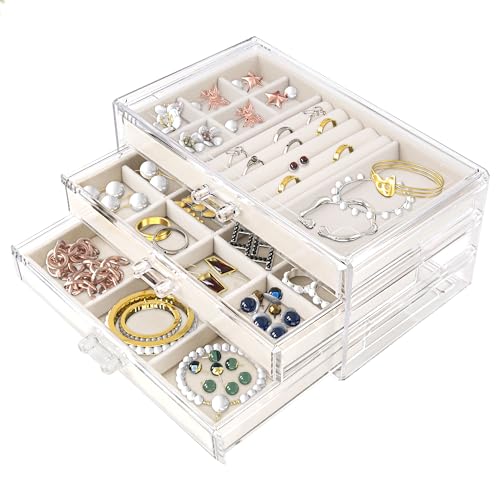 Acrylic Jewelry Organizer, Earring Holder Organizer, Earring Jewelry Box for Jewelry Storage and Display Gift for Women(Grey with 5 Drawers)