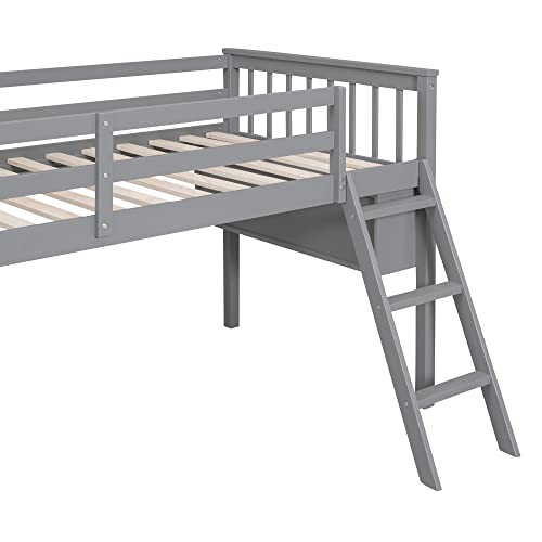 Wooden Full Size Low Loft Bed with Rolling Desk, Chair, and Cabinets for Kids S1286