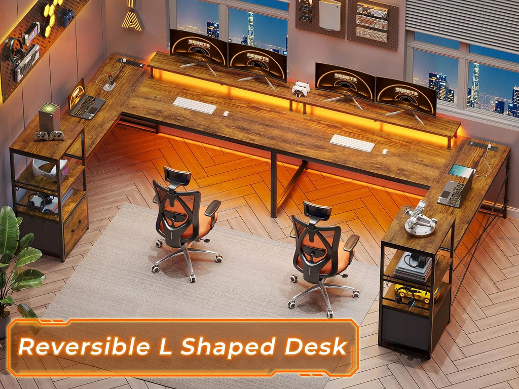 L Shaped Desk with Power Outlets and LED Lights, Rustic Brown C128
