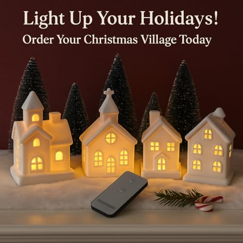9 Pcs Christmas Village Figurines Set with Lighted Ceramic Houses and Trees O3990