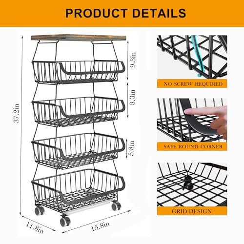 5 Tier Stackable Metal Wire Storage Basket with Wheels O2410