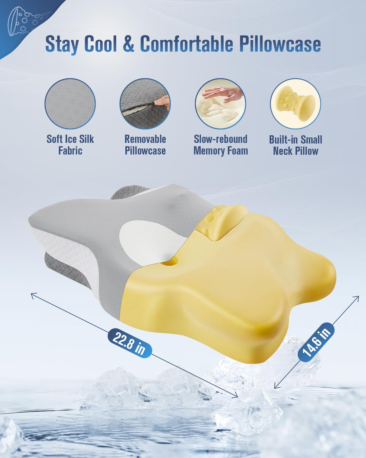 Cervical Neck Pillow for Sleeping, Ergonomic Memory Foam with Cooling Pillowcase J70258