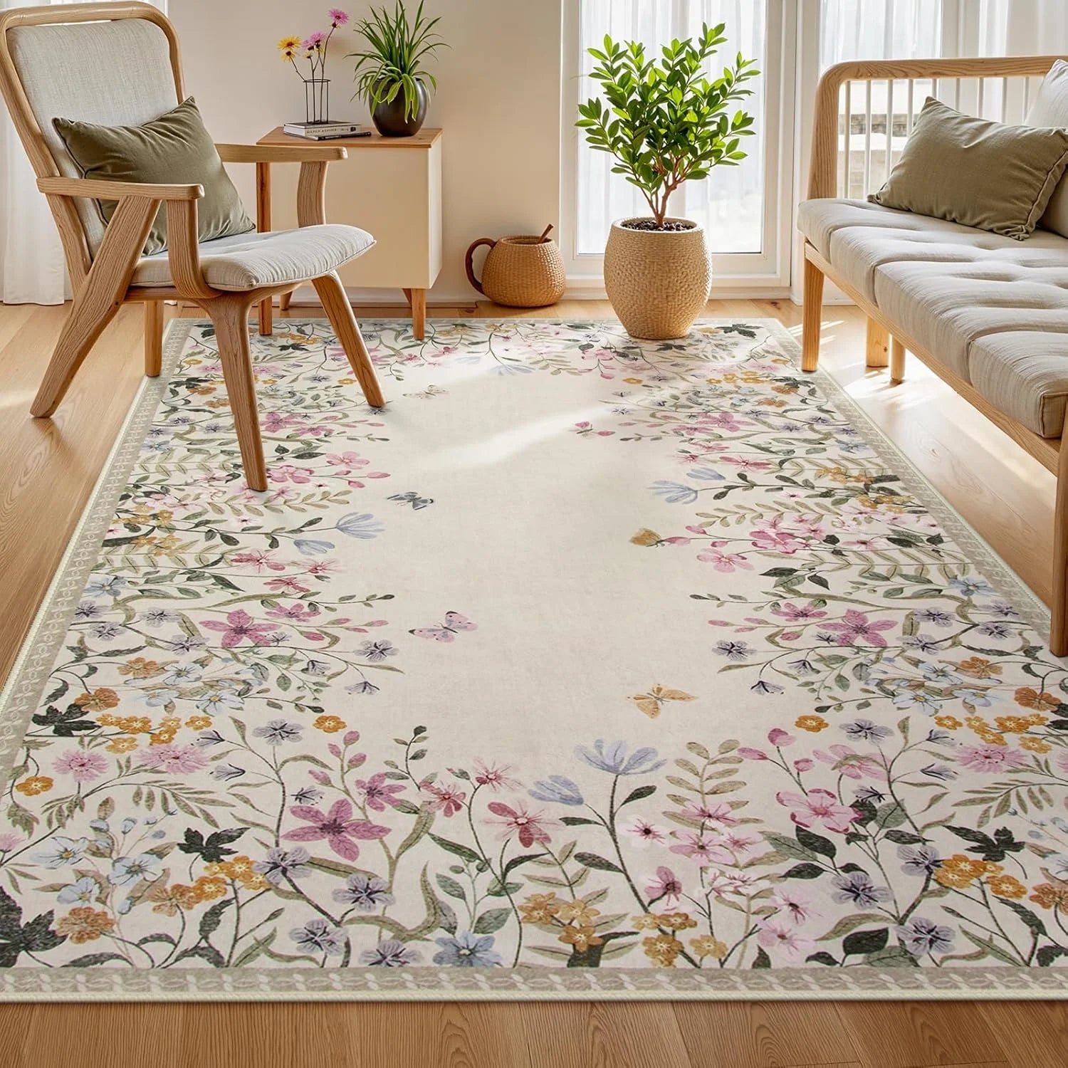 Washable Green Floral Area Rug 4x6, Non-Slip Low-Pile Indoor Carpet O8865