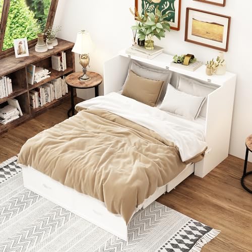 MOUMON Queen Size Murphy Bed with Charging Station, Murphy Bed Cabinet with 1 Drawer, Murphy Bed Queen Murphy Bed Chest with Black Handles, for Office Bedroom White (81.5”W x 61.8”D x 40.9”H)