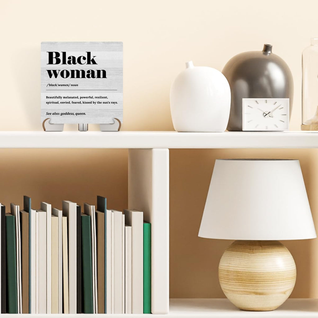 Black Woman Definition Wood Sign Desk Decor Rustic Office Cubicle Inspirational Quotes Plaque with Wooden Stand I933238
