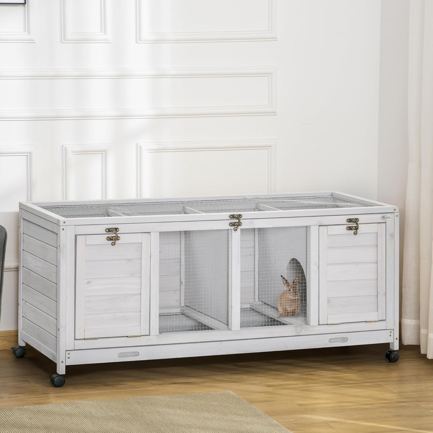 Wooden Rabbit Hutch with Wheels, Openable Roof, Removable Trays H633