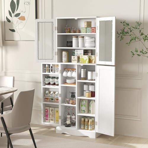 Kitchen Pantry Storage Cabinet with Glass Doors, Freestanding Cupboard M98274