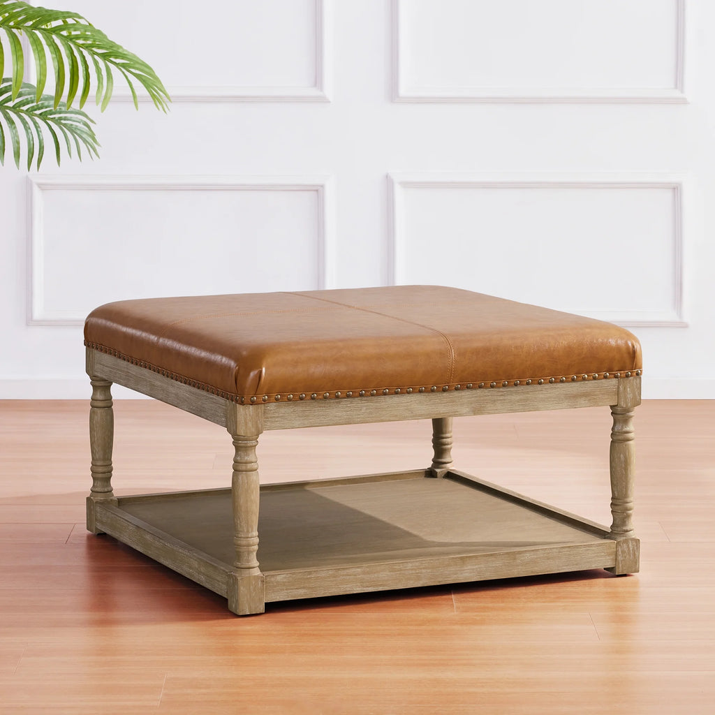 Square Ottoman Coffee Table with Storage Shelf, Tufted Faux Leather Footrest T985