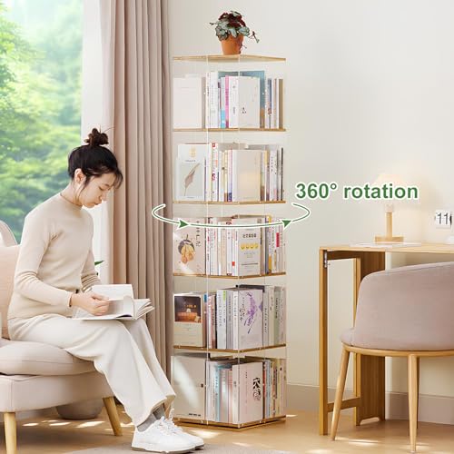 360° Rotating Bookshelf Tower, Acrylic Book Display Case, Space-Saving Swivel Storage Rack G8592