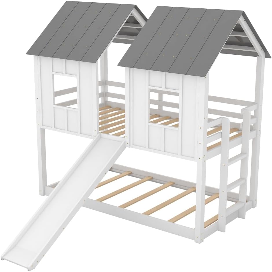Twin Over Twin House Bunk Bed with Slide and Windows, White L7376