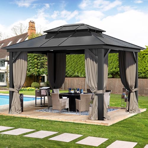Hardtop Gazebo 10x12FT,Heavy Duty Metal Pavilion with 4.92'' Square Pillar,Aluminum Wood Grain Outdoor Gazebos Double Roof,Patio Gazebo with Curtain & Netting for Backyard,Deck,Lawn