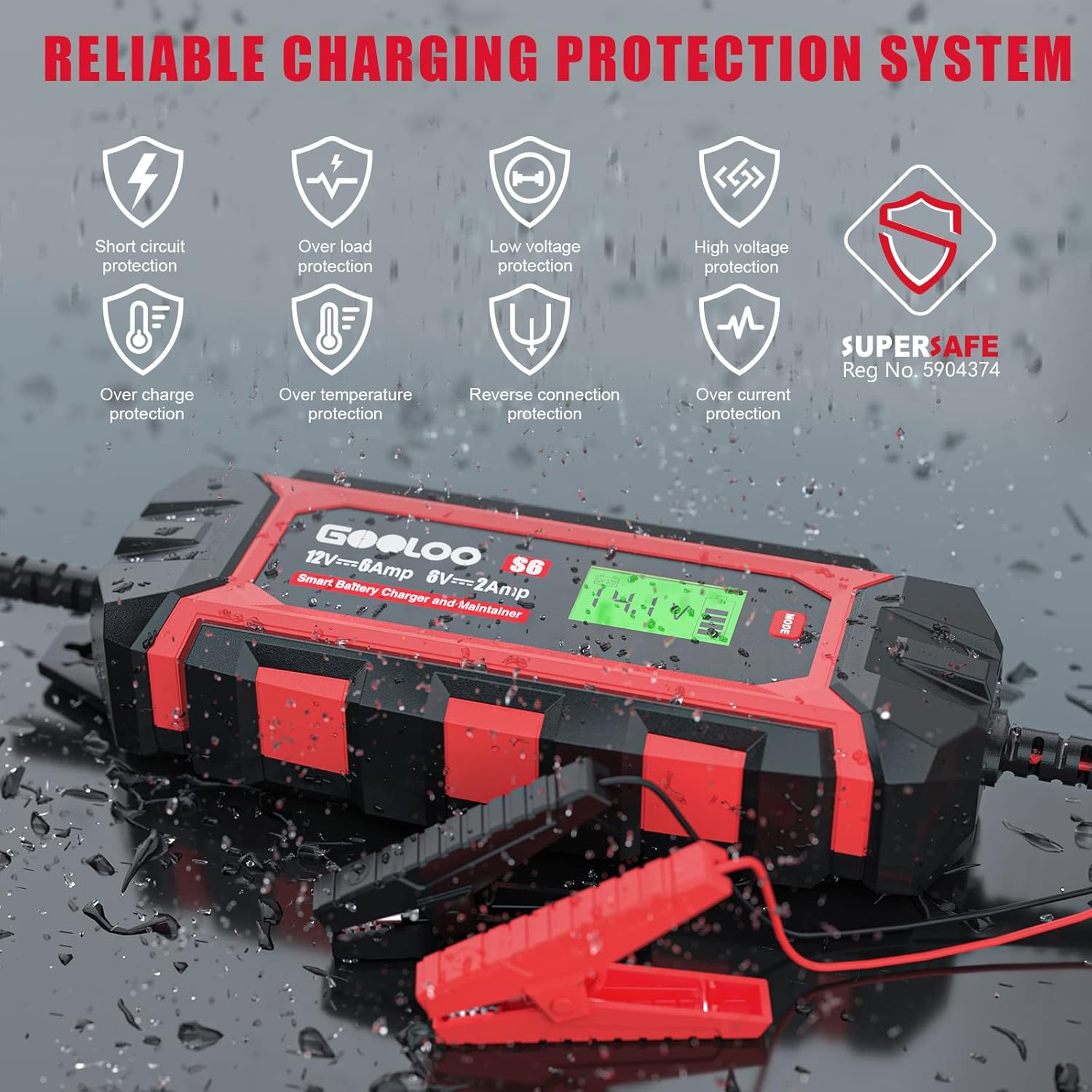 6 Amp Smart Battery Charger, 6V 12V Trickle Charger and Maintainer for Lead-Acid Battery, LCD Display G6163
