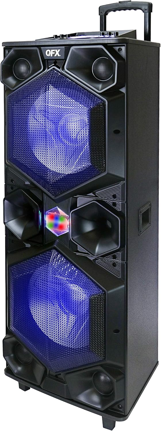 QFX E-1500 Professional Large Bluetooth Speakers | Portable PA Speaker System | Dual 15” Woofers, 1.5” Tweeter, and Party Lights
