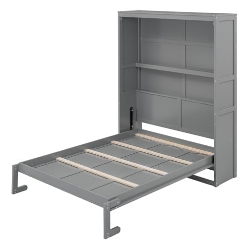 Murphy Bed with 2-Tier Shelves, Folding Bedframe, Space-Saving Design, No Box Spring Needed Q6874