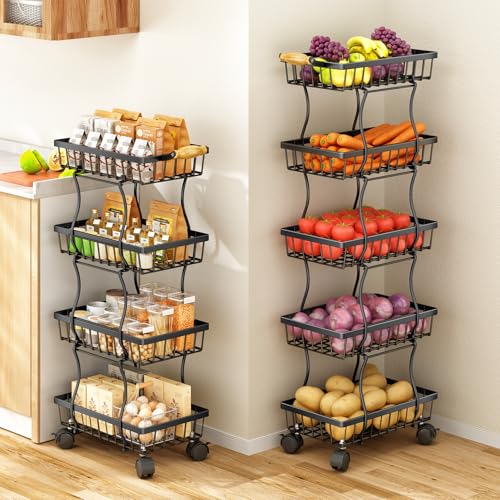 5-Tier Stackable Fruit and Vegetable Wire Basket with Wheels for Kitchen Storage, Black E91602
