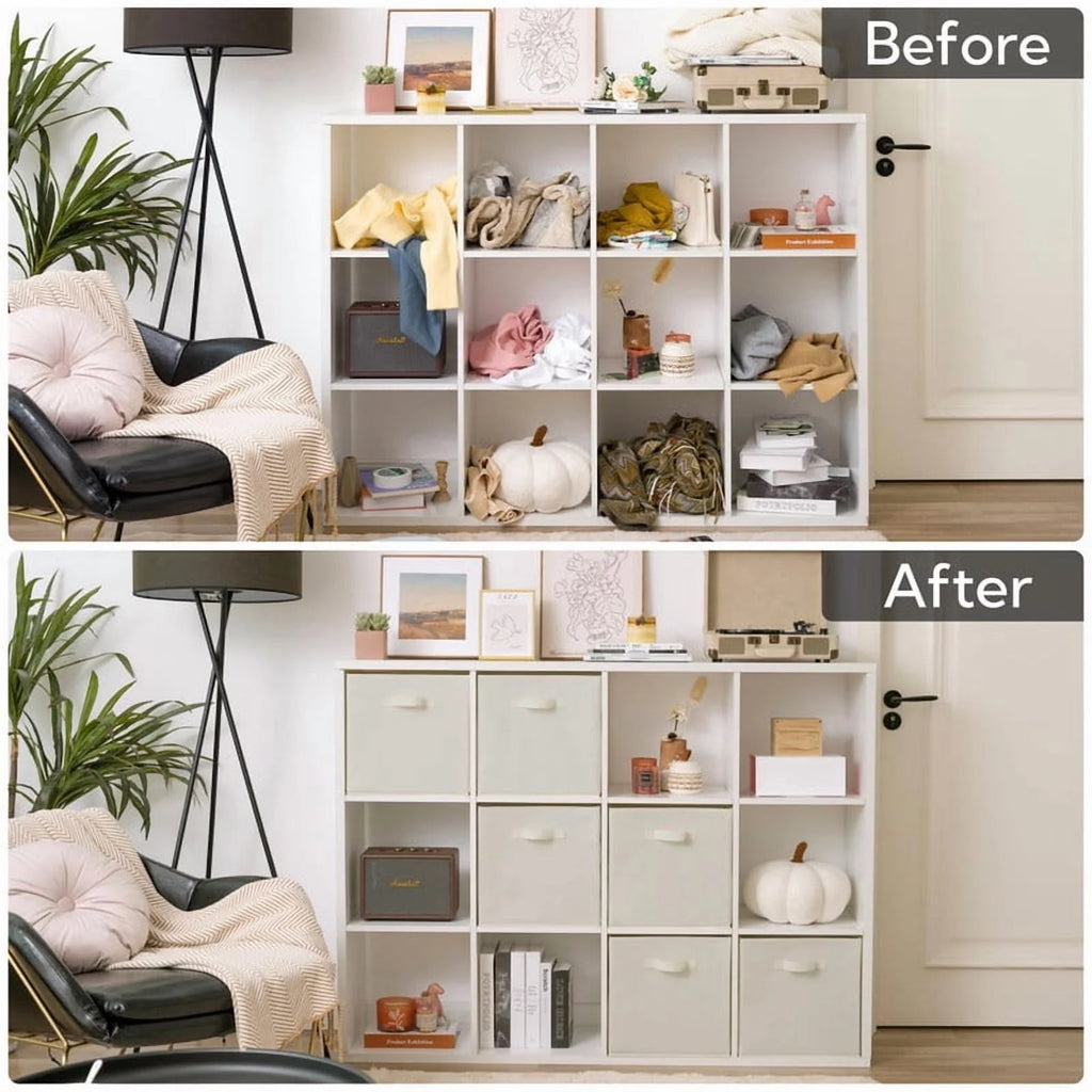 Fabric Storage Cubes with Handles, Collapsible Storage Bins, Beige, 6-Pack V6444