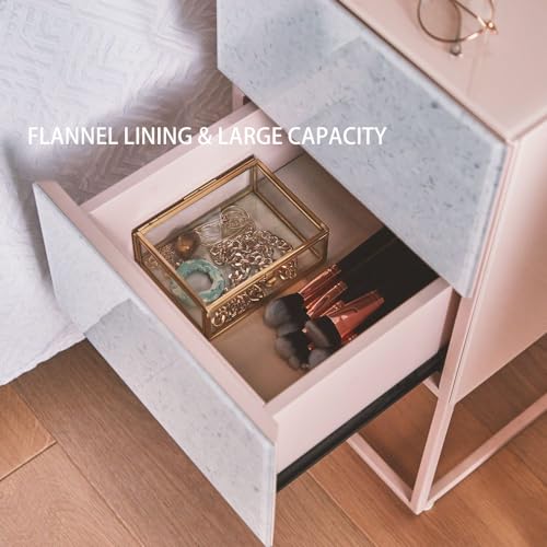 Glass Small Nightstand with 2 Drawer, Marble Tall Bedside Table for Bedroom V50111