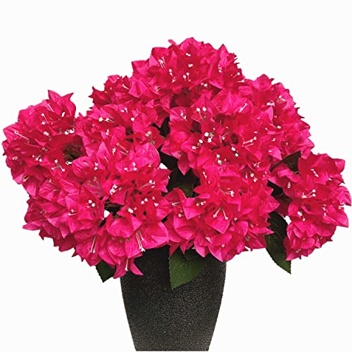 Set of 4pcs - Artificial Bougainvillea Bush Silk Flowers Bouquet Rich Blossom for Home Garden Wedding Decor Faux Flower Shrubs Indoor and Outdoor Plants (Fuchsia)