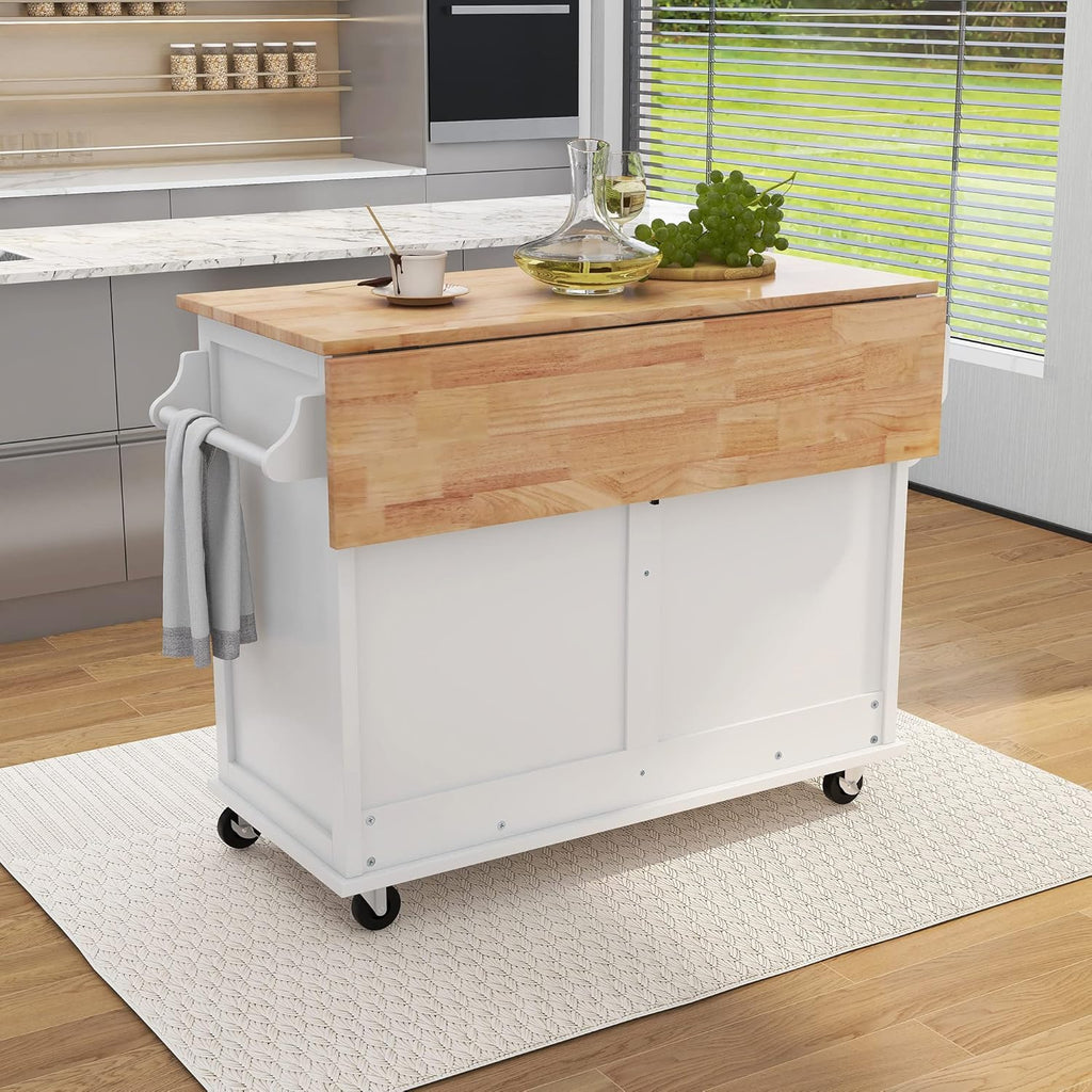 Mobile Kitchen Island Cart with Spice Rack and Towel Rack, Rolling with Drop Leaf, 2 Drawers and Sliding Barn Doors B9917